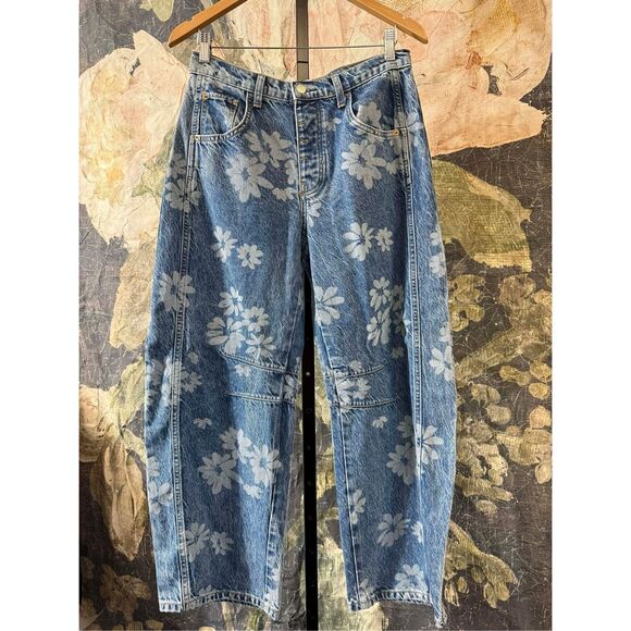 New Free People We The Free Good Luck Printed Barrel Jeans sz  26 - Picture 7 of 11